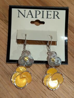 Napier Silver-Tone Earrings with Yellow Enamel Floral Drops